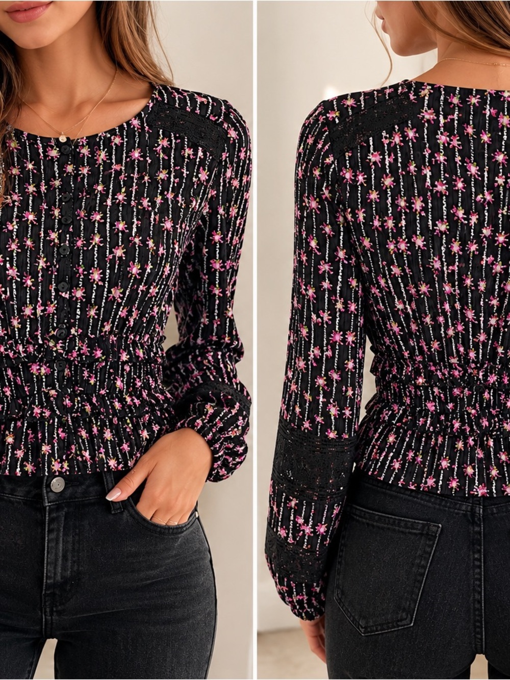 EN/KAY Black Pink Floral Ruffle Waist Blouse Size Medium Boho Romantic